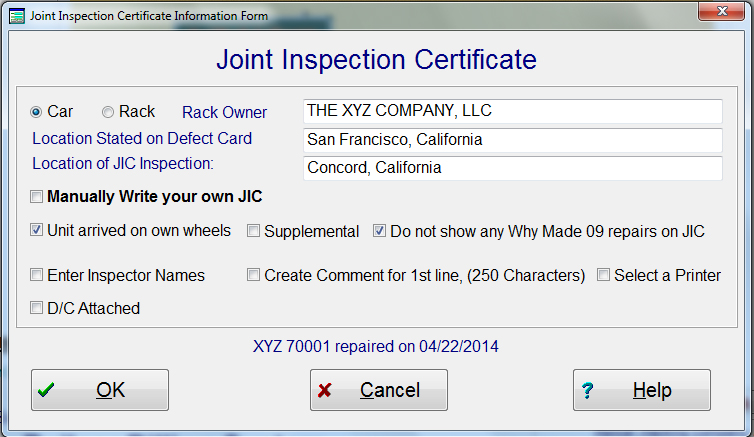 Joint Inspection Certificate