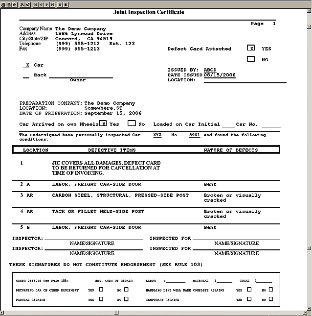 Joint Inspection Certificate